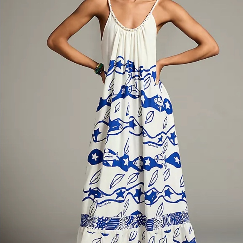 FARM Rio x Alberto Pitta - Blue and White Patterned Maxi Dress